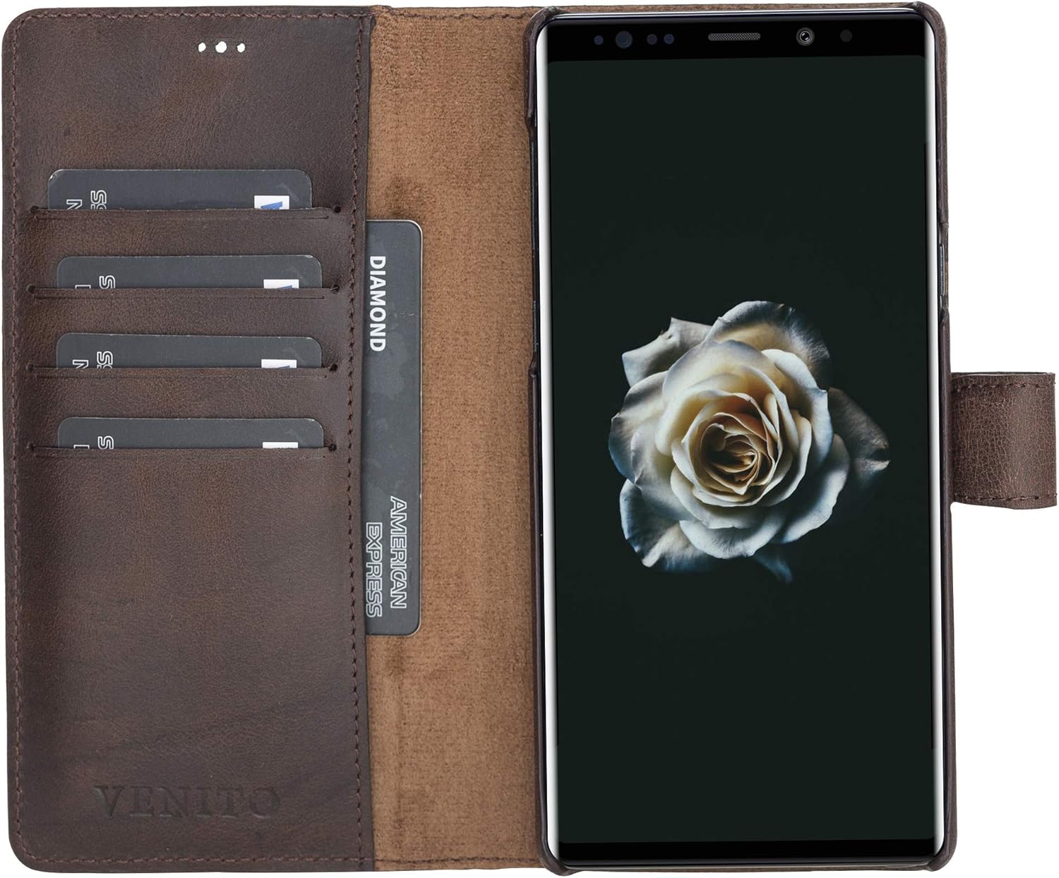 Venito Florence Leather Wallet Phone Case Compatible with Samsung Galaxy Note 9 - Extra Secure with RFID Blocking - Detachable Phone Wallet - Coffee Brown