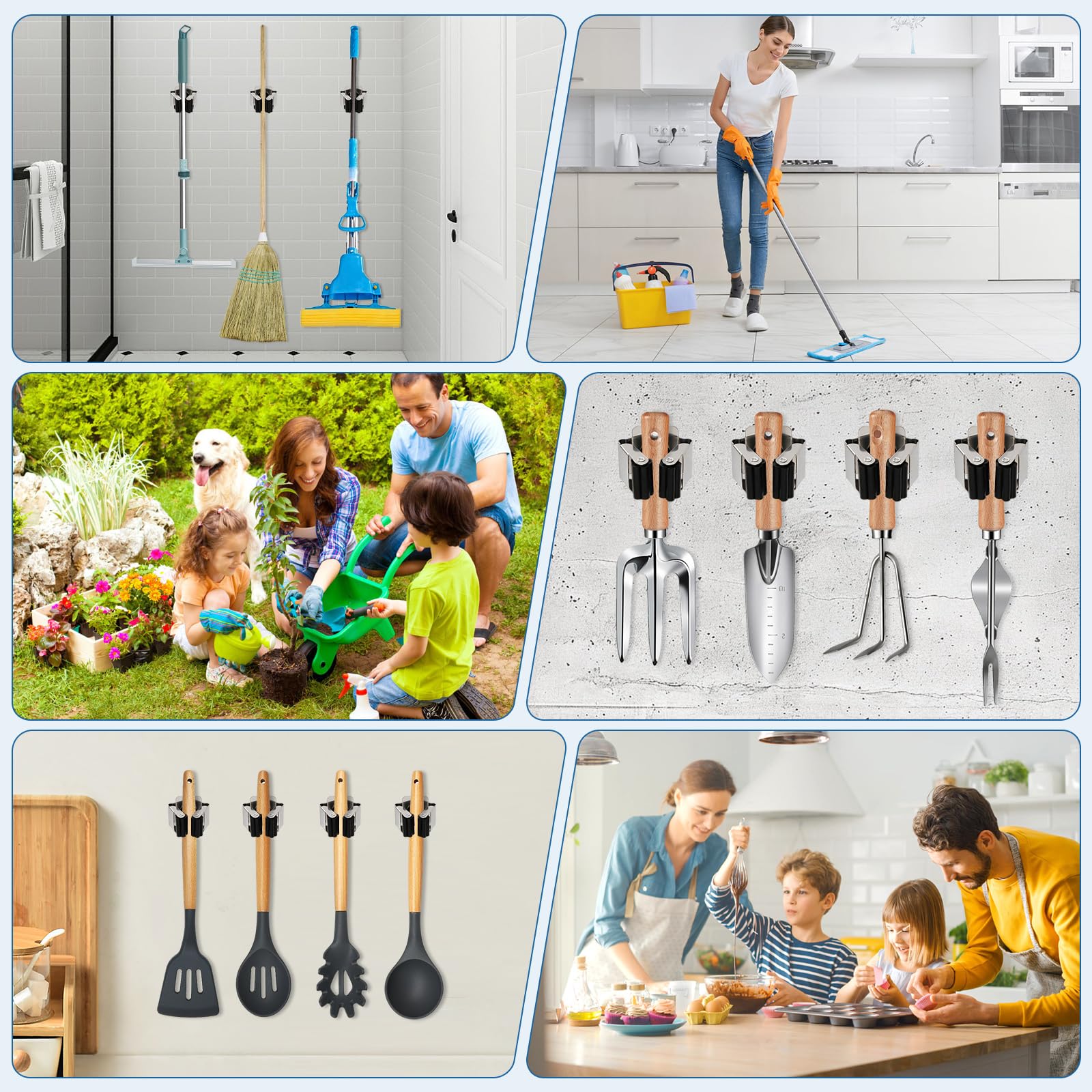 8 pezzi Supporto per scopa da parete, supporto per attrezzi da cucina, casa, bagno, garage, porta attrezzi da giardino per scopa, scopa, pala, attrezzi da giardino