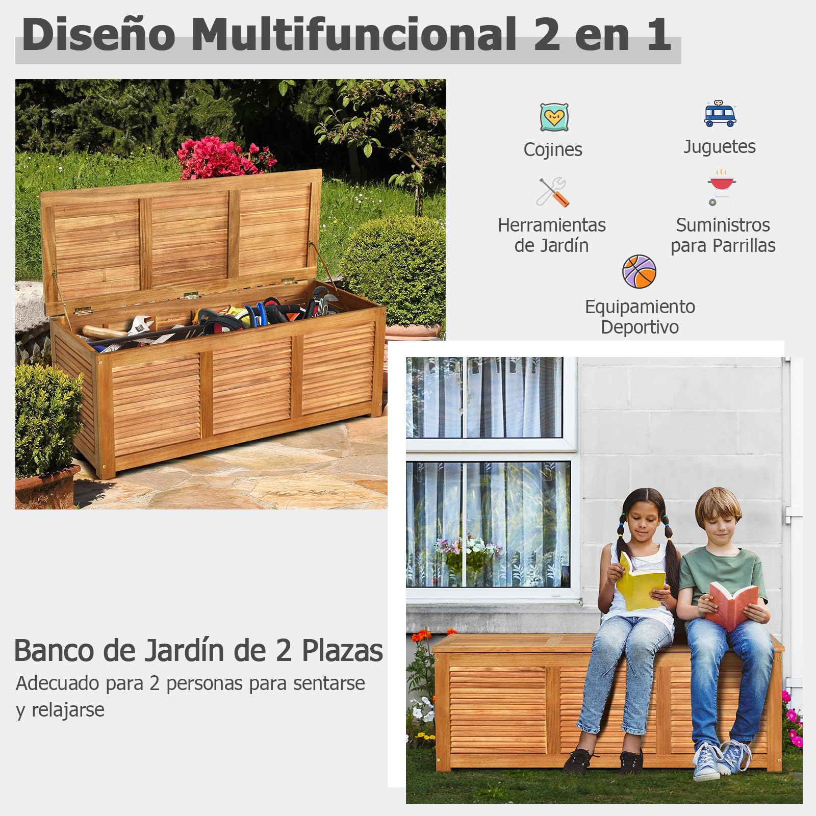 GIANTEX Arcón de Jardín, Baúl Almacenaje de Madera de Acacia, 120x45x45cm, Cofre Almacenamiento 178 L con Tapa Abatible y Diseño Persiana, Organizador para Patio, Balcón, Piscina