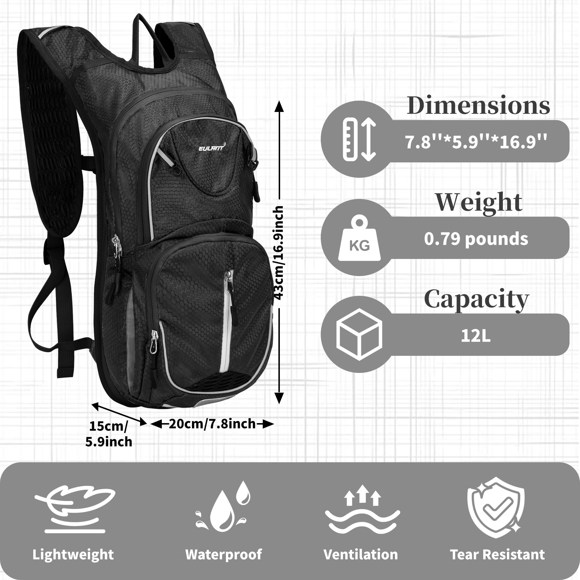 EULANT Petit Sac a Dos de VTT,Impermeable Sac à Dos Ski,12L Reflechissante Sacs à Dos D'hydratation Isotherme pour Course Vélo Randonnée Natation Camping Alpinisme,Noir