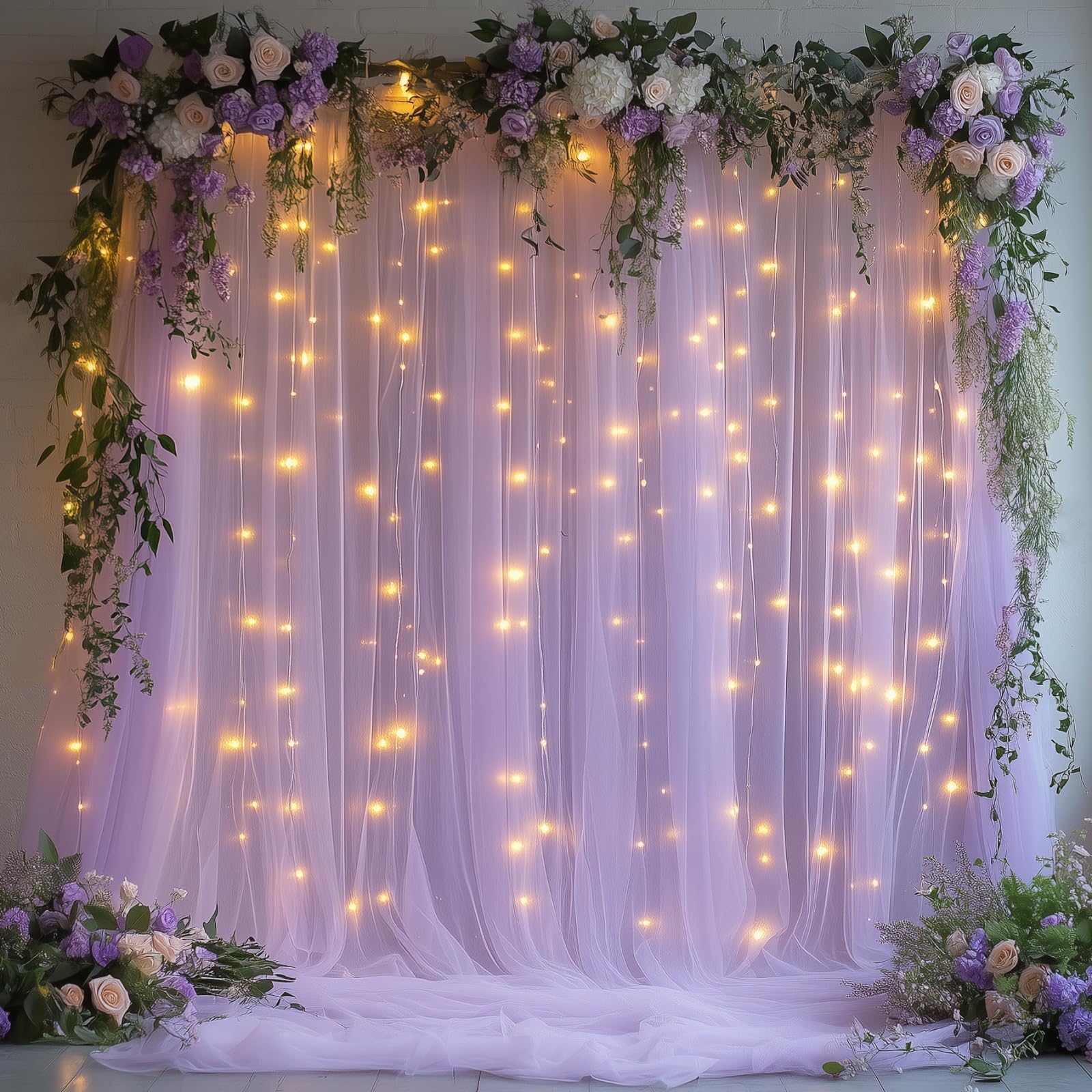 Patioman 10x10ft Lavender Tulle Backdrop Curtain with Fairy Lights, Wrinkle-Free Sheer Wedding Backdrop for Birthday Parties, Baby Showers, Bridal