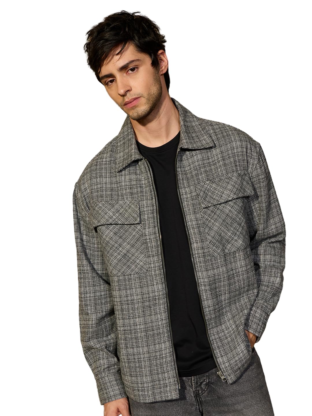 Veste en coton texturé grise décontractée avec fermeture éclair avant