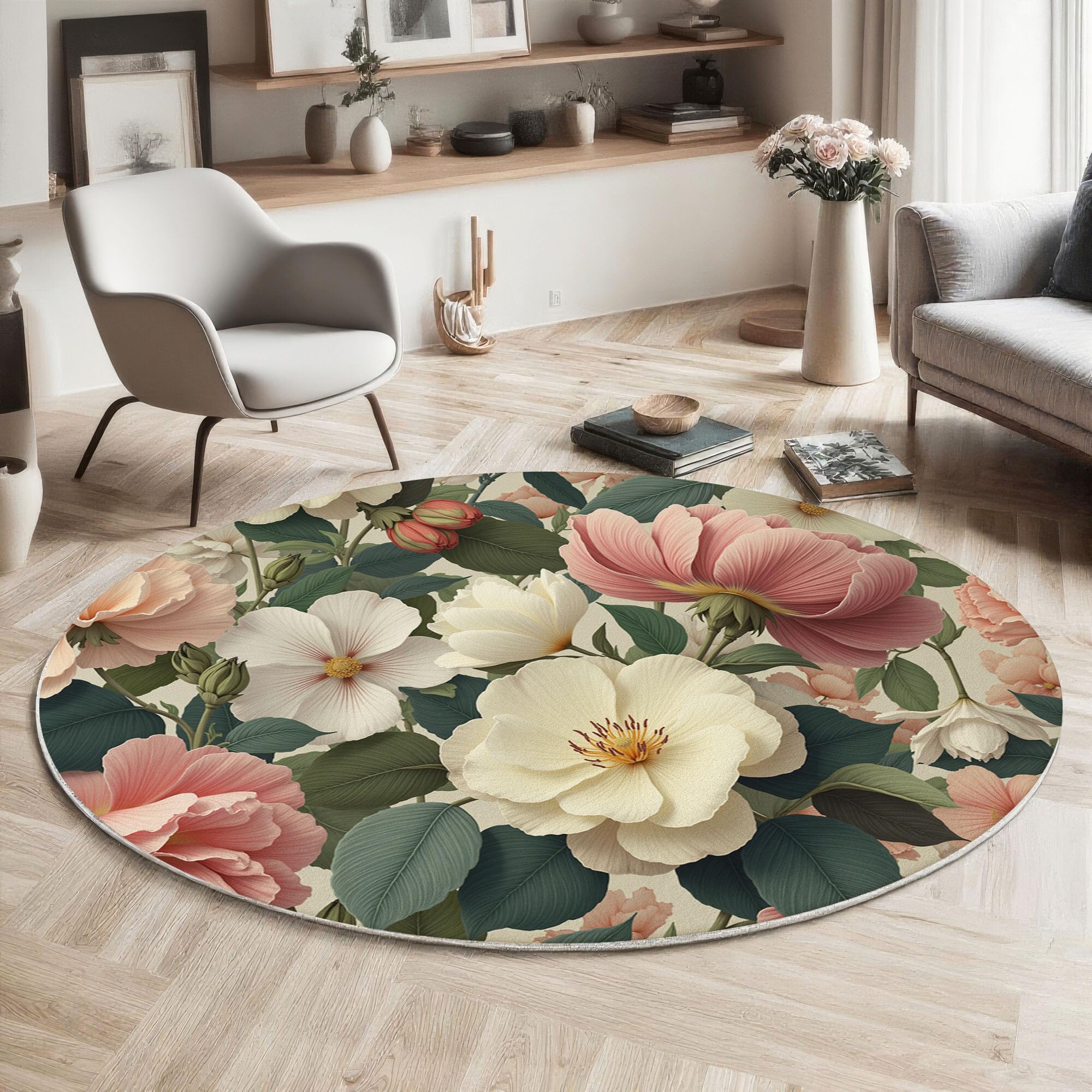 Tapis rond fleurs 3D antidérapant beige pour éviter les glissades et embellir un bureau