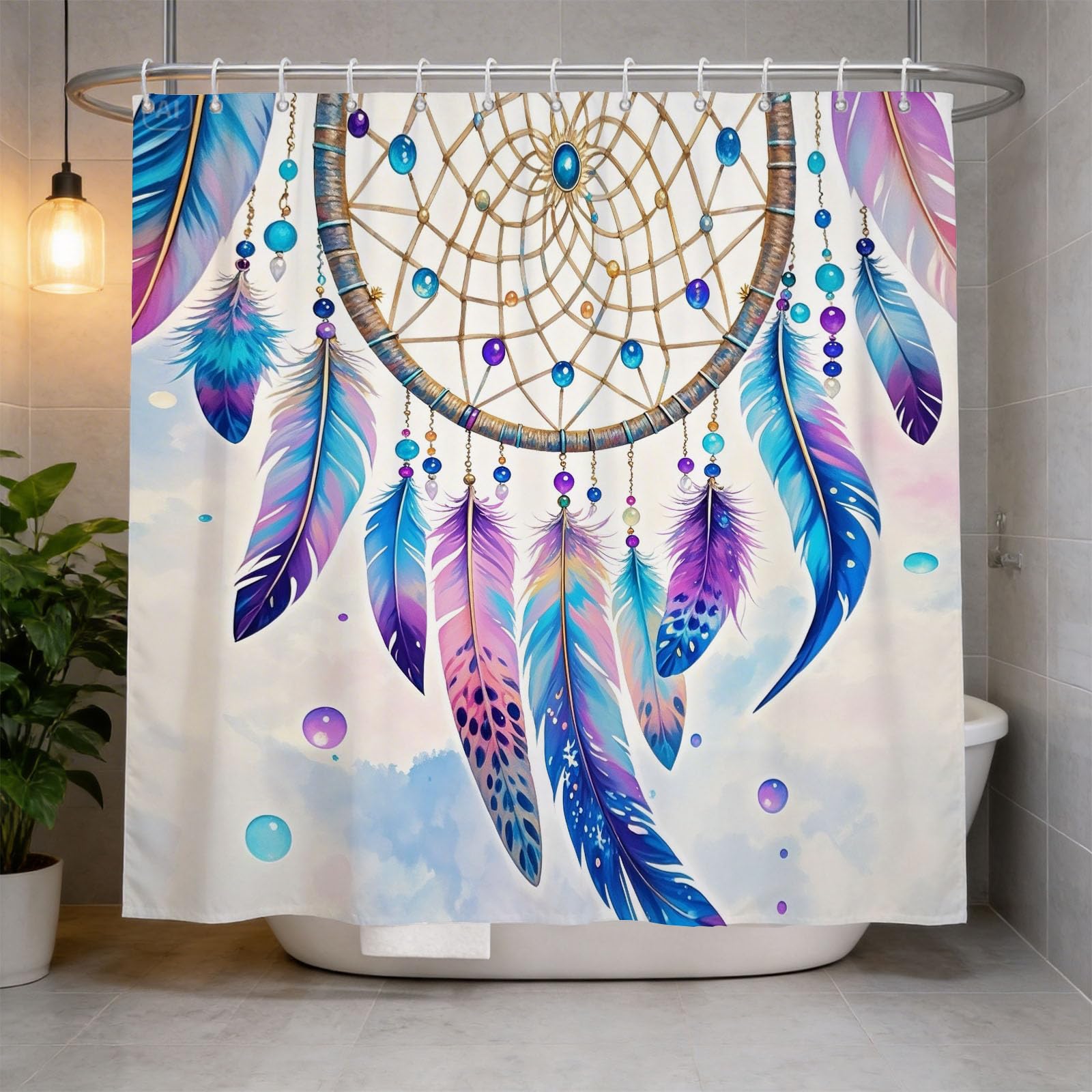 Hongduo White 3D Ethnic Dreamcatcher Shower Curtain For Stalls Bathtubs Watercolor Style Bathroom Decor Shower Curtain Set Polyester Fabric Waterproof 120X180cm/48X71 Inch With Hooks
