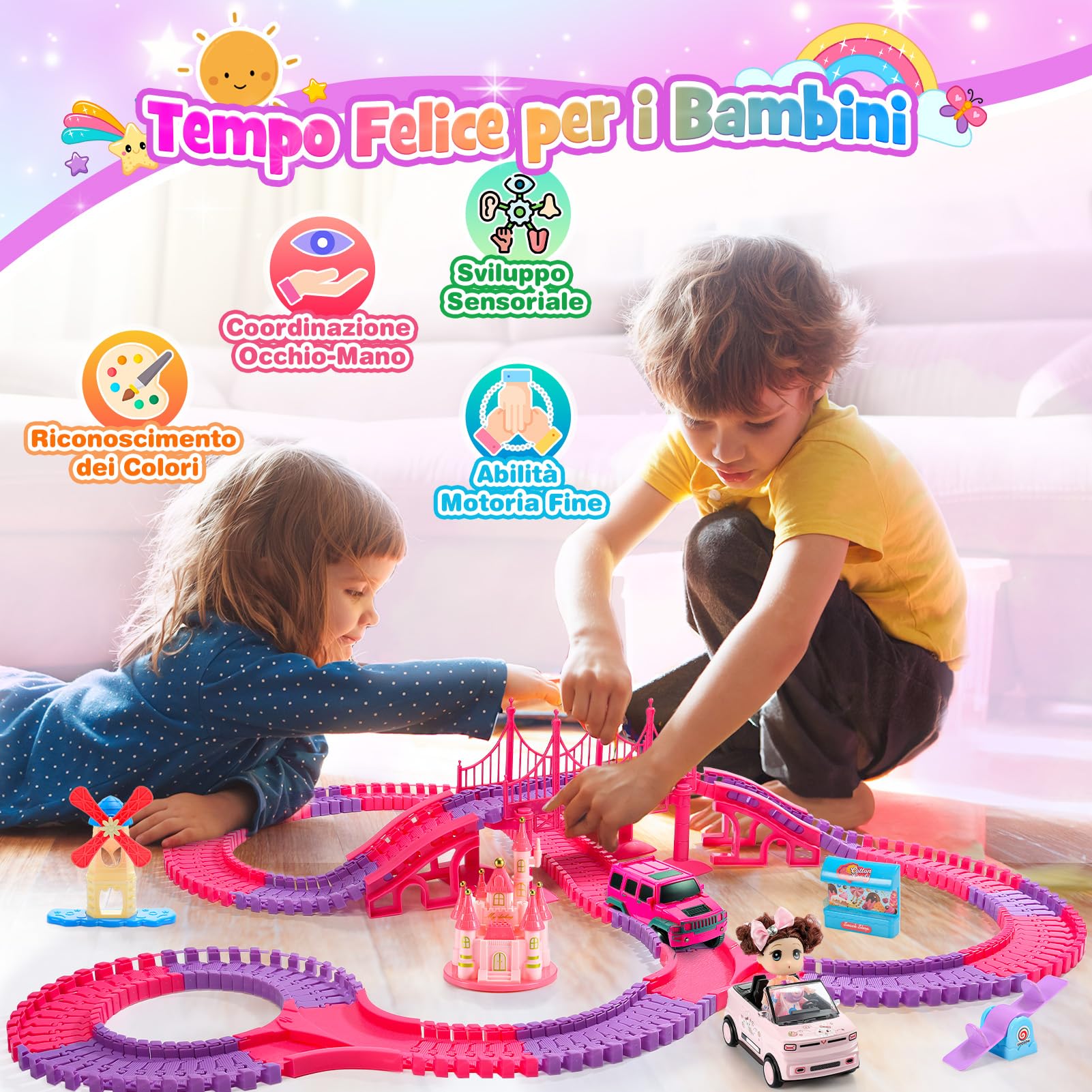 iKidiki Regalo Bambina 3 4 5 6 7 8 Anni, Pista Macchinine 3-8 Anni Giochi Bambina 3-8 Anni Femmina Piste Macchinine per Bambini Giocattoli Bambina Gioco Bimba Unicorno Bambina Regalo