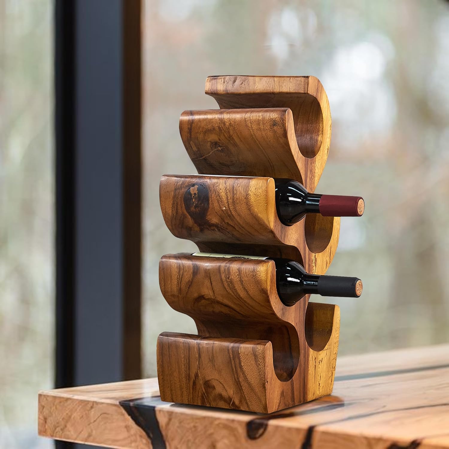 6 Bottle Wood Brown Wine Rack Tabletop Cabinet 19.7" Height Handmade Rustic Wooden Wine Rack Countertop Bottle Holder Stand Kitchen Cellar Storage Home Bar Corner Home Decor
