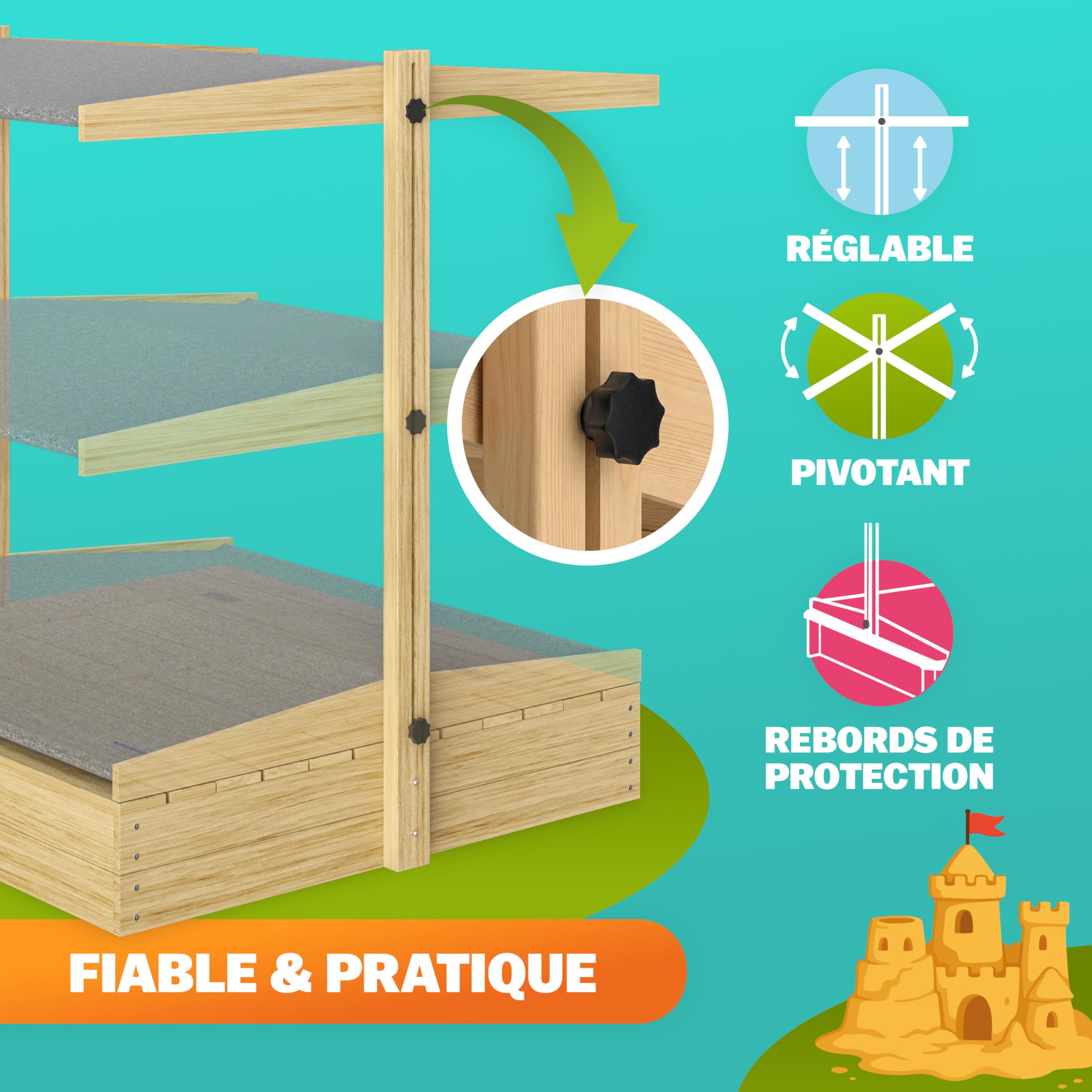 SPIELWERK® Sabbiera Gioco Bambini 120x120x120cm Tettoia Parasole in Legno Protezione UV Giocattolo Bimbi da Esterno con Sabbia e Copertura Tetto