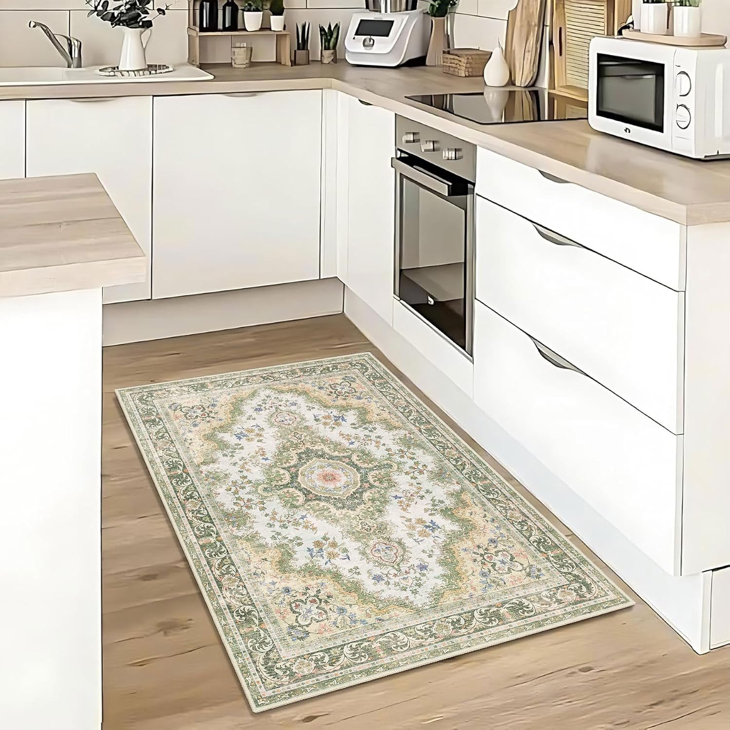 Small Rugs 2'x3',Green Rug for Entryway Bathroom Kitchen Entrance Doormat,Boho Vintage Bohemian Distressed Washable Accent Indoor Mat Floor Throw Carpet Non Slip,Sage Floral