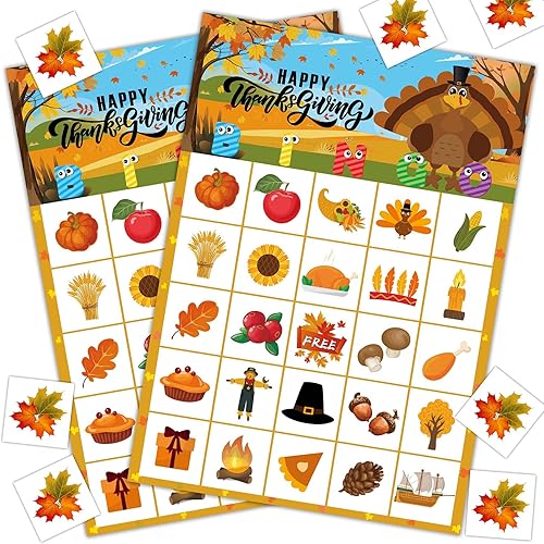 MISS FANTASY Juego de bingo de Acción de Gracias para niños, tarjetas de juego de bingo de otoño para 24 jugadores, fiesta de Acción de Gracias,