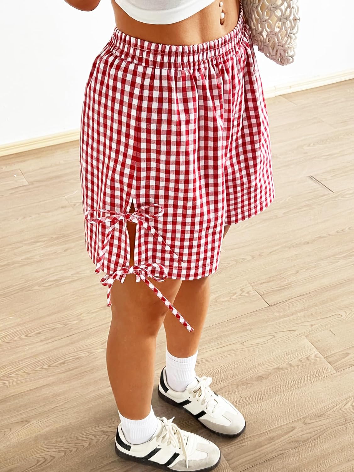 Verdusa Women's Gingham Plaid Shorts Bow Tie Split Elastic Waist Y2k Wide Leg Shorts Summer Vacation Outfits Picnic Clothes - Image 5
