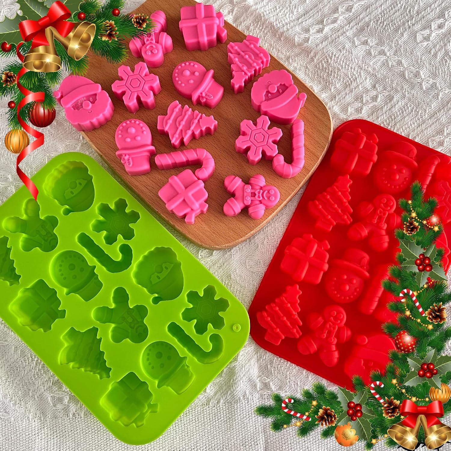 Christmas Silicone Chocolate Molds, 2 PCS Candy Baking Moulds,3D Xmas Tree Snowflake Cane Gingerbread Man Snowman Santa Claus Shape Mold Candy for Chocolate Gummy Soap(Red and Green)