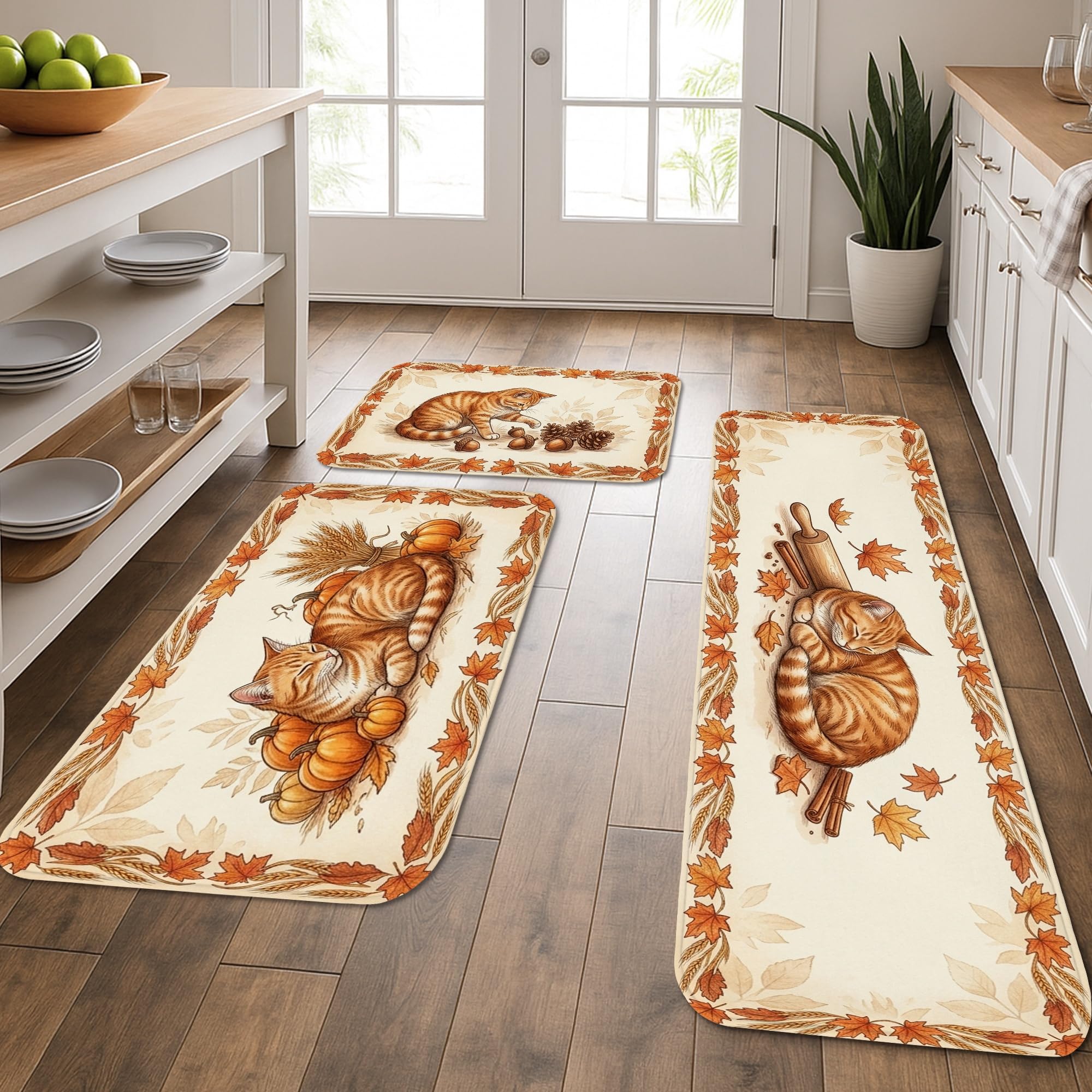 Tapis de cuisine chat et automne crème pour sublimer votre lavabo ou entrée