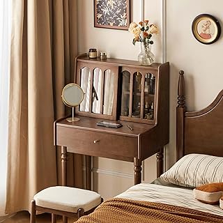 YESWOOD Vintage Vanity Desk, Solid Rubber Wood Dressing Table, Vintage Dressing Table Vanity Desk for Bedroom, Walnut, 23" D x 18" W x 48" H