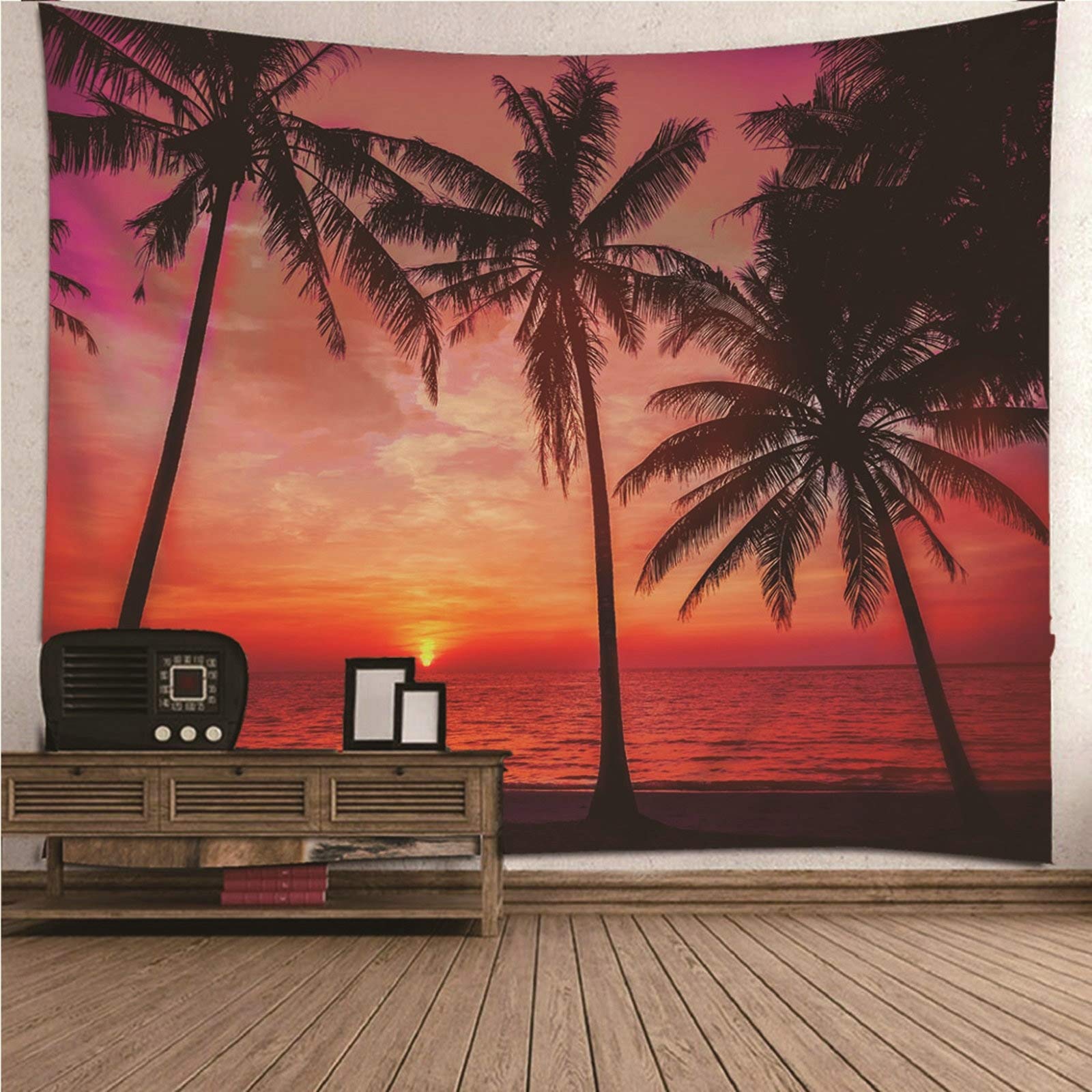Aeici Tela Pared Playa, Tapiz Techo Tapiz Árbol de Coco de Sunset Beach- Naranja Negro, 300x260CM