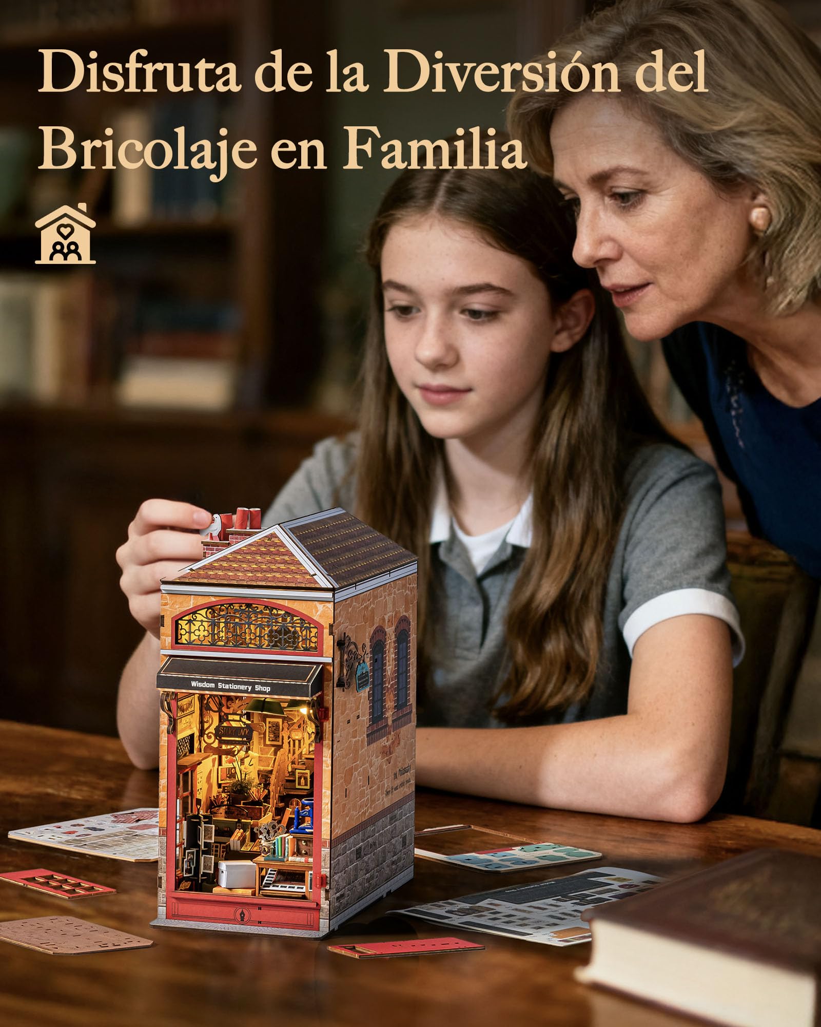 Rolife Book Nook Kit Casas Miniaturas para Montar Papelería de la Sabiduría Puzzle Madera 3D Adultos con Luces Decoracion Hogar Libro Maquetas para Construir Adultos Regalo para Madre Niños