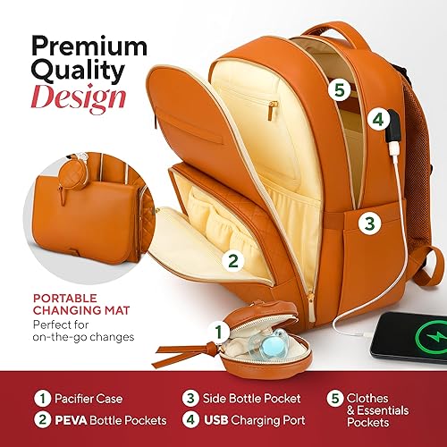 Miniatura 3 de Mochila galardonada de cuero premium para pañales, elegante, duradera, impermeable, de piel vegana con cambiador de PEVA y reposacabezas de bebé,