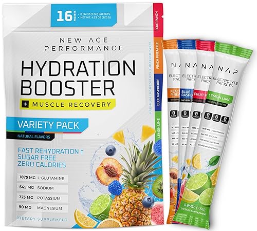 New Age Performance Paquetes de hidratación, electrolitos en polvo, potenciador líquido para alivio de la deshidratación, aminoácidos de L-glutamina