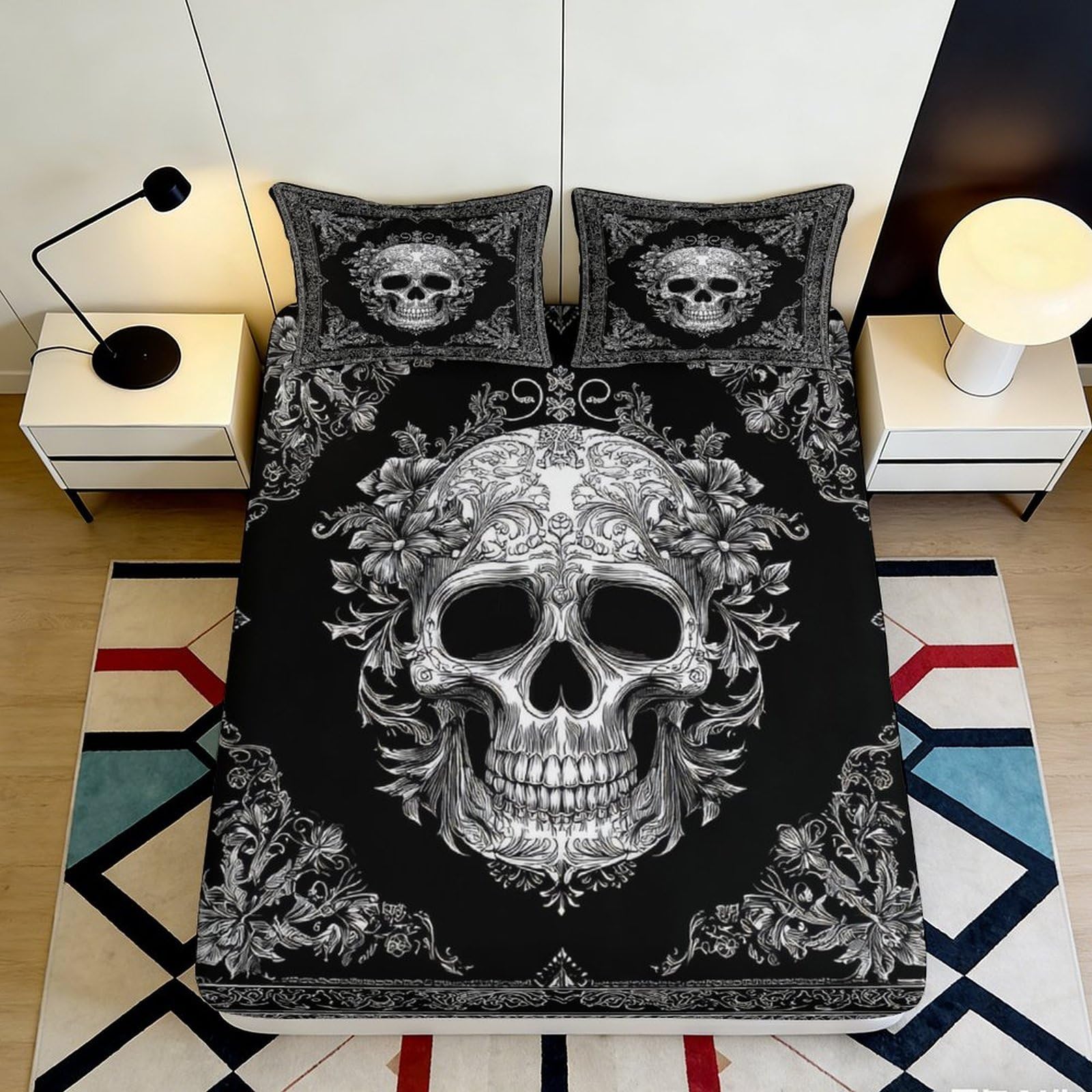 3D Printed Gothic Skull Fitted Sheet Microfiber Soft Black Skeleton Mattress Cover for Bedroom Dorm Bedding Decor 90x200x25cm