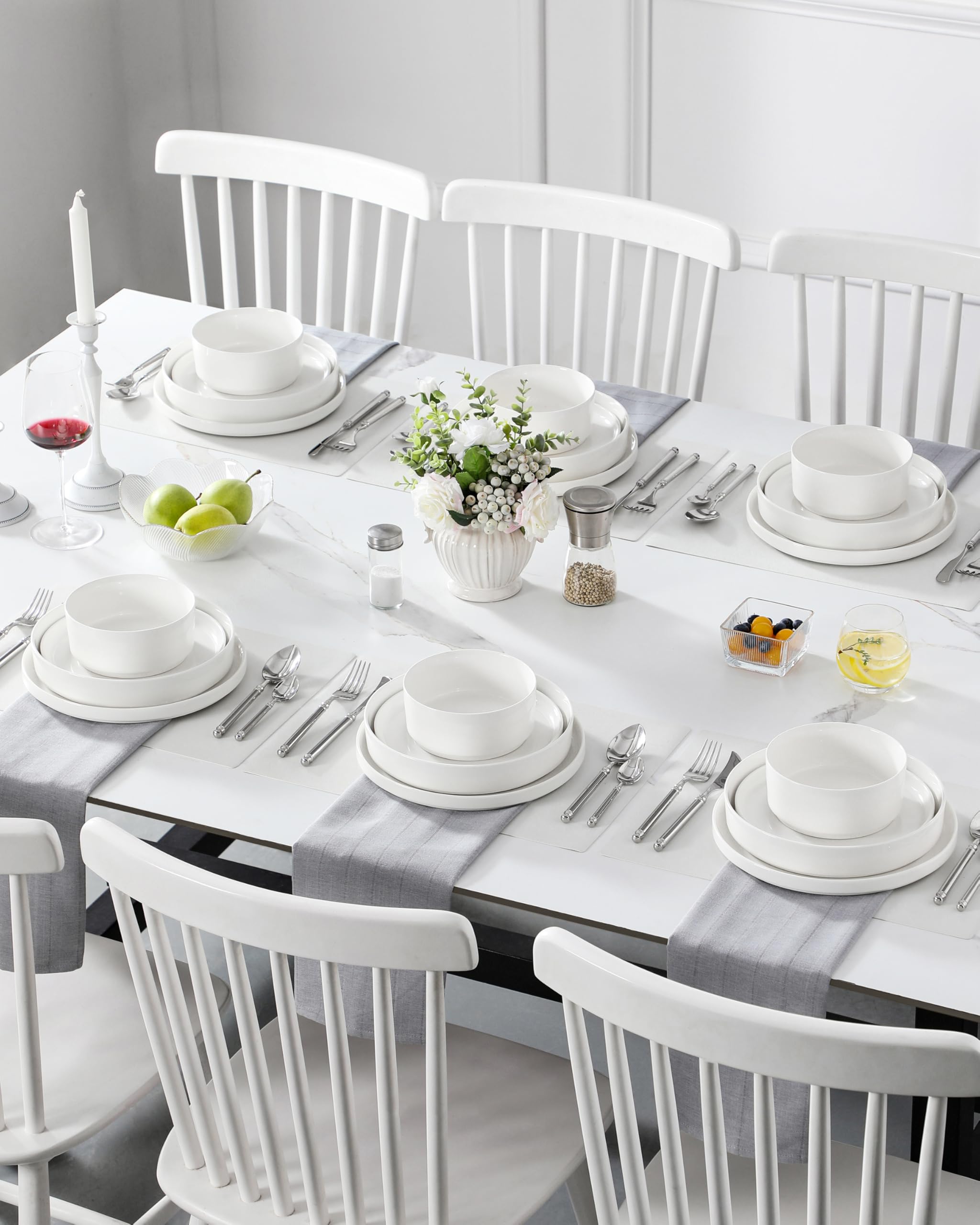 MALACASA Geschirrset 6 Personen, 24-tlg Modernes weißes Porzellan Geschirr Set, Schüssel- und Teller Set inkl. Speiseteller, Frühstücksteller, Suppenteller, Müslischalen, LEAH Tafelservice