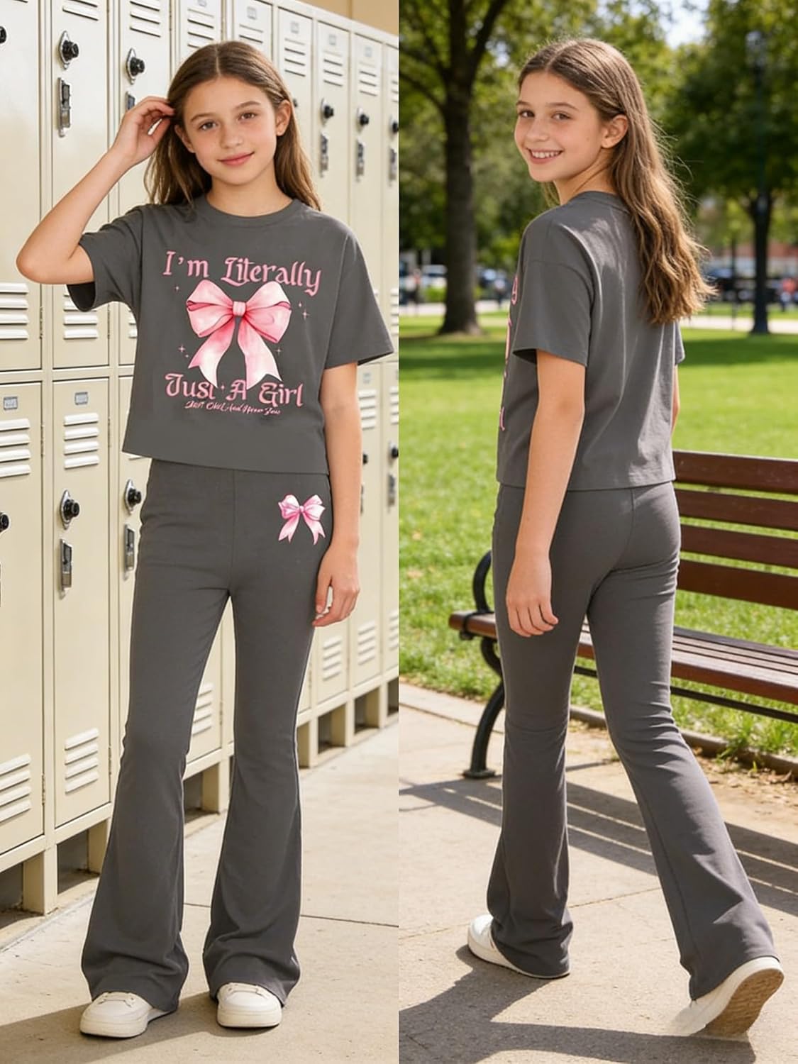 Tween Girls 2PCS Outfit Set 8-13Y Crop Top & Flare Pants with Bowknot and Heart Print Casual Girl Clothes