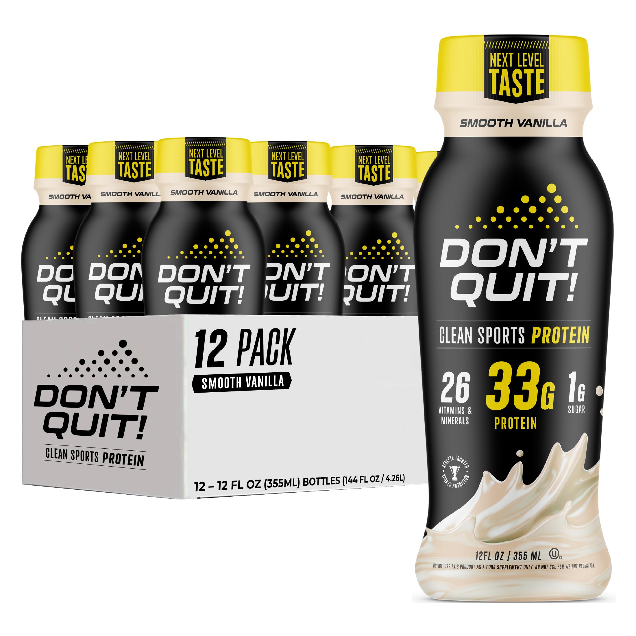 DON’T QUIT Clean Sports Protein Shake - 33 Grams of Protein Per Serving with 26 Vitamins and Minerals and Only 1 Gram of Sugar - No Artificial Colors, Flavors, or Sweeteners (Smooth Vanilla, 12 Pack)