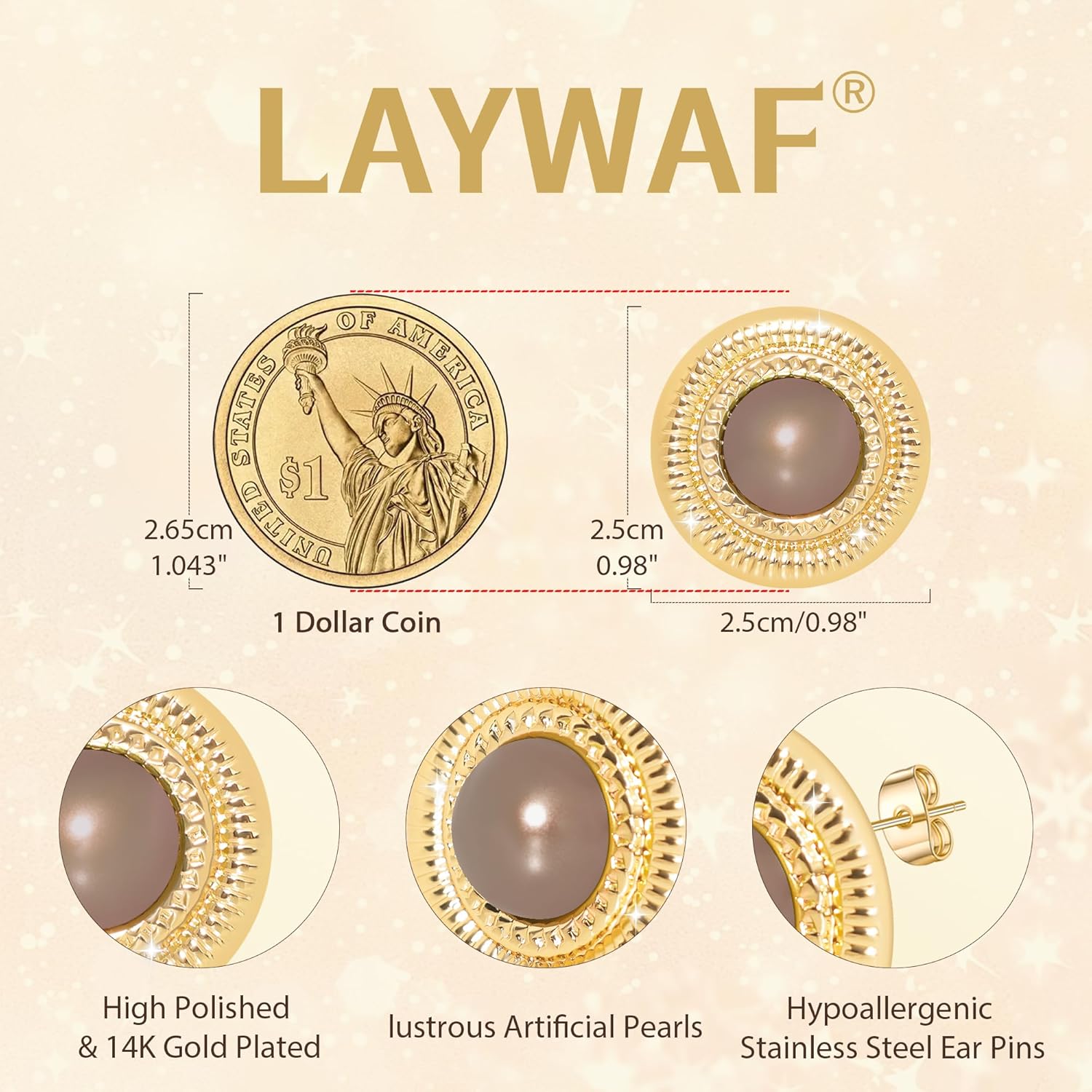 Faux Pearl Gold Plated Stud Earrings for Women, Hypoallergenic Stainless Steel Ear Pin, Available in a Variety of Pearl Colors - Image 4