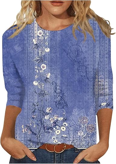HTHLVMD Womens 3/4 Length Sleeve Tops 2025 Fall Fashion Floral Print Crewneck Causal Trendy Tunic Tops for Women