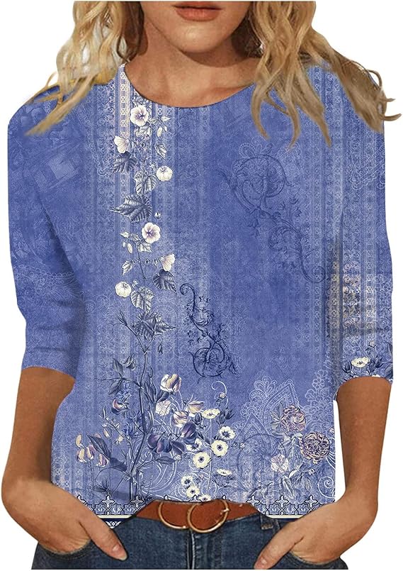 HTHLVMD Womens 3/4 Length Sleeve Tops 2025 Fall Fashion Floral Print Crewneck Causal Trendy Tunic Tops for Women