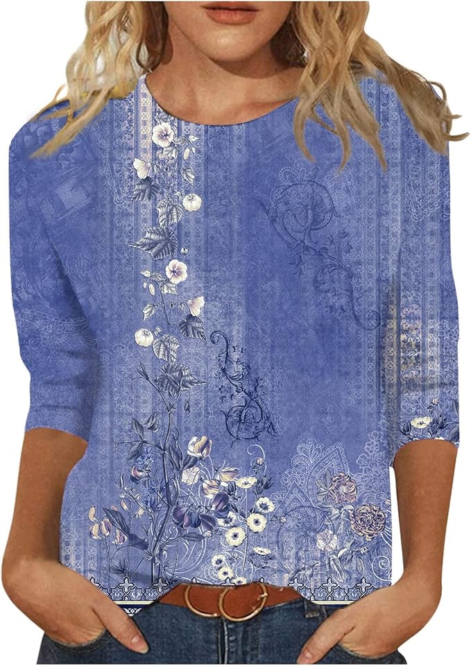 HTHLVMD Womens 3/4 Length Sleeve Tops 2025 Fall Fashion Floral Print Crewneck Causal Trendy Tunic Tops for Women