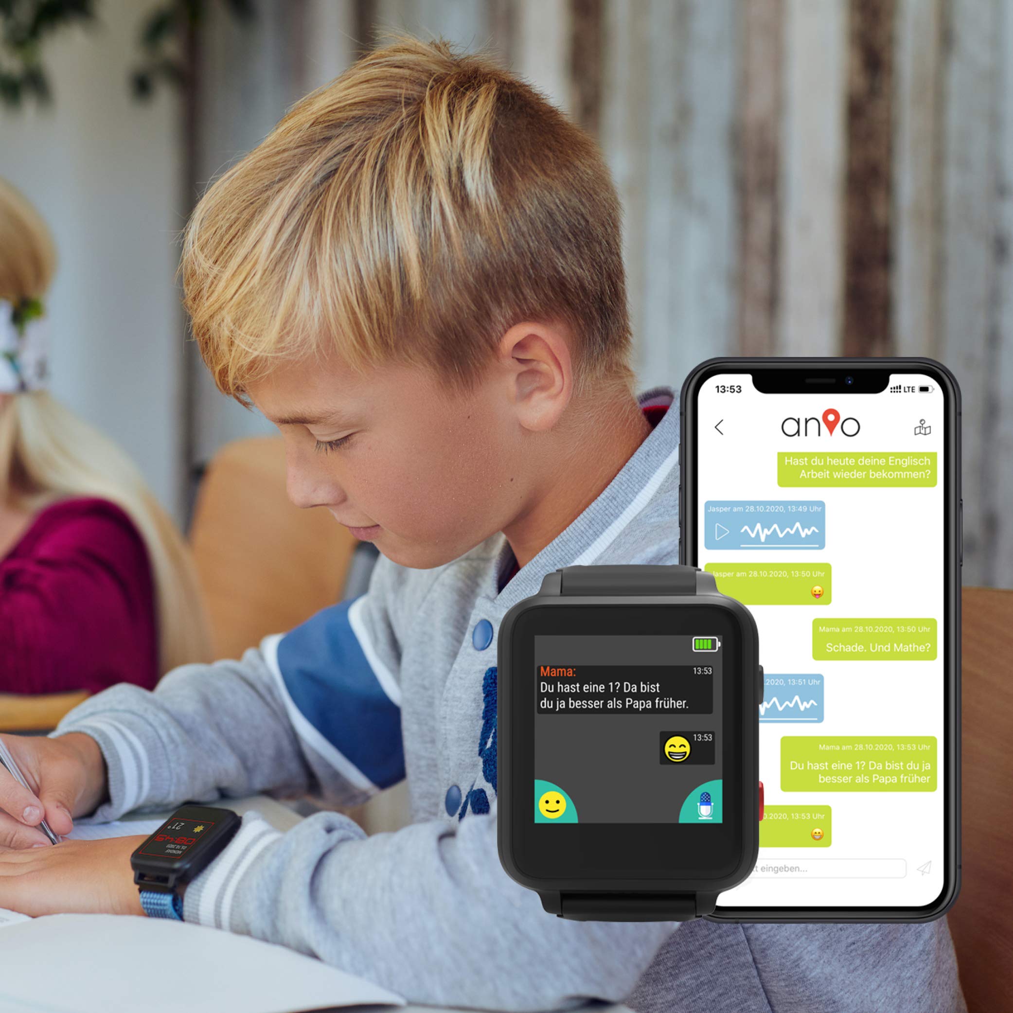 ANIO 5 (blau) - Telefon Uhr für Kinder - Anrufe, Nachrichten, Schulmodus, SOS Funktion, GPS, Schrittzähler, Wetter, Abschaltbare Ortung, DSGVO konform, Server & App Made in Germany