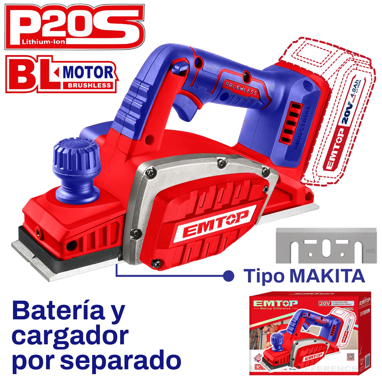 EMTOP - Cepillo eléctrico | 20 V | 2 mm | P20S | para Cepillado y Acabado de Madera en Carpintería | Diseño Robusto y Larga Durabilidad | Larga Durabilidad y Materiales Resistentes