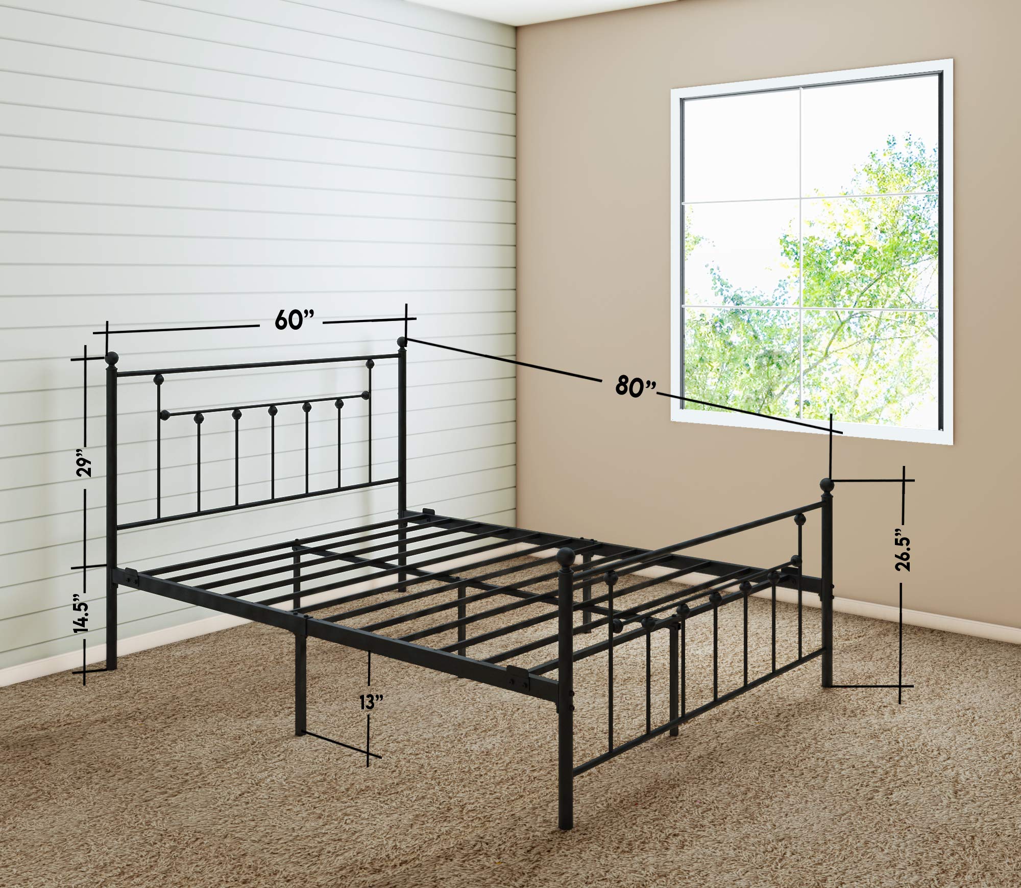 CASTLEBEDS Victorian Queen Metal Bed Frame with Headboard and Footboard Platform/Wrought Iron/Heavy Duty/Solid Sturdy Metal Slat/Black/No Box Spring Needed/Mattress Foundation/Under Bed Storage