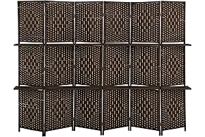 6 Panel Room Divider Privacy Screen Wooden Panel with Storage Shelves and Wheels