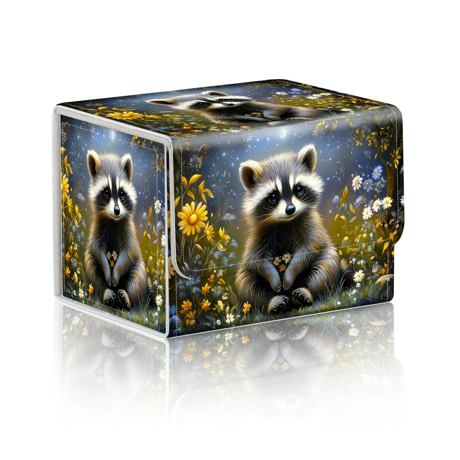 DISUOFEART Trading Card Storage Box, Holds 100+ for MTG Cards, PU Leather with Magnetic Closure, Raccoon in Starry Flower Meadow Durable Deck Box for Magic the Gathering, Trading Card Games