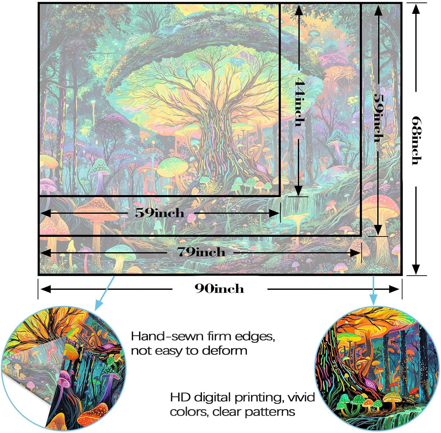 Kanuyee Blacklight Giant Mushroom Tree Forest Tapestry, UV Reactive Fantasy Wonderland Wall Art for Room Decor, Luminous Nature Home Decor 90L x 70W