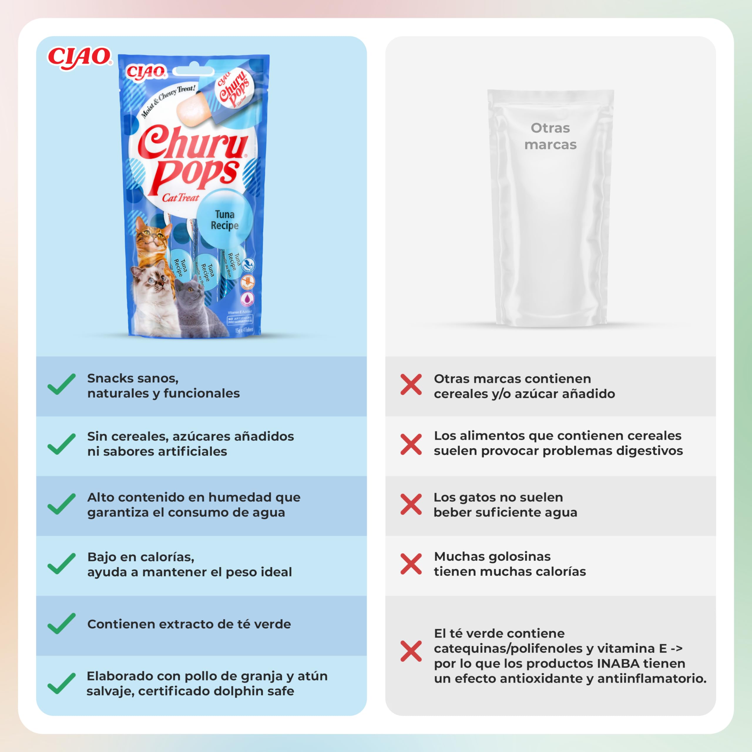 INABA Churu Pops Gatos - Deliciosos Snacks con Sabor a Atún - Golosinas en prácticas porciones - Saludables, sin Conservantes ni Colorantes Artificiales - Pack de 60g (4 x 15g)