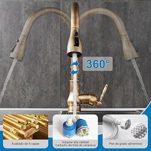 Miniatura 6 de MOGFCT Grifo de cocina de bronce antiguo de latón vintage, con rociador desplegable