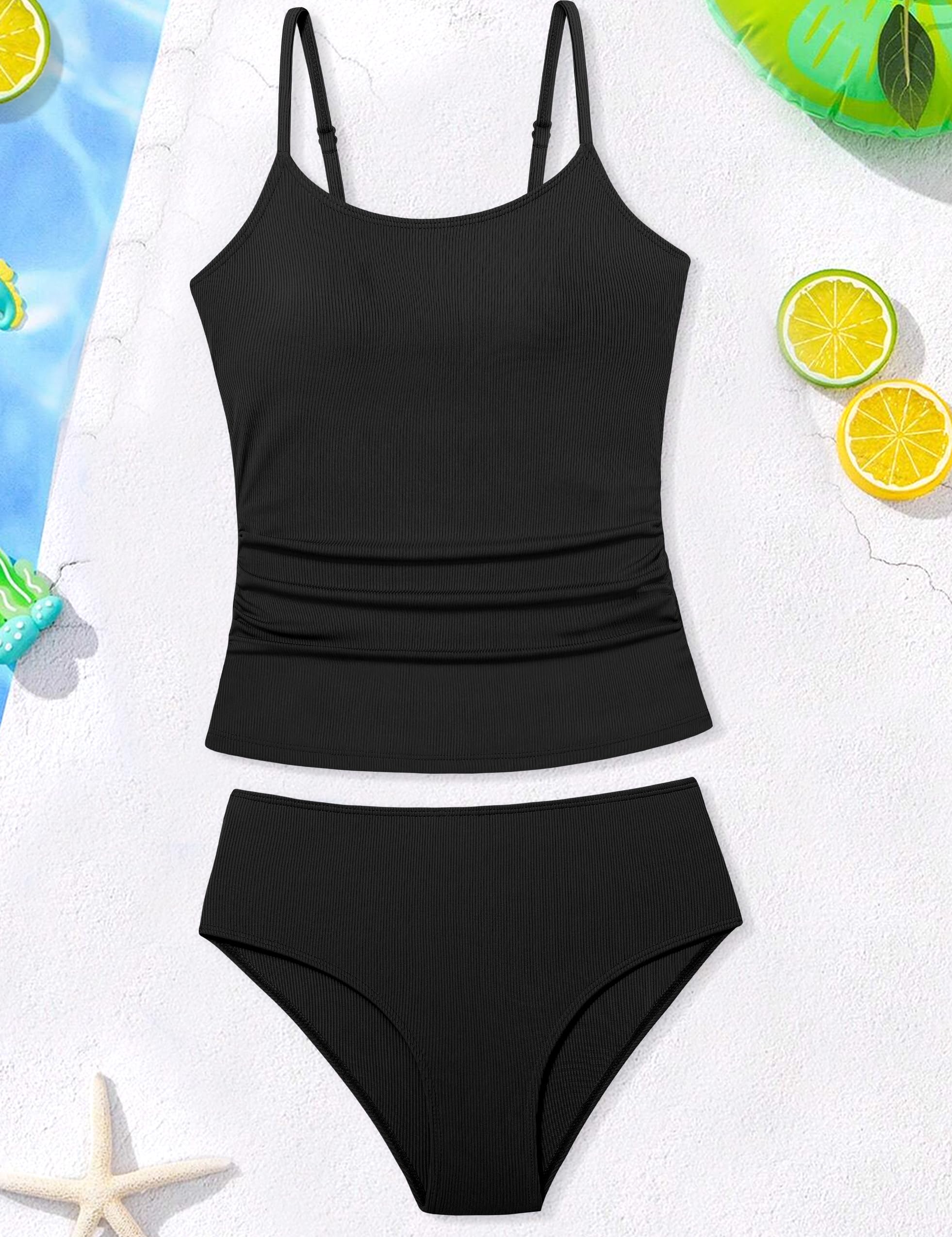 CRISONE Traje de baño de 2 piezas para niñas, tankini torcido, fruncido, estampado tropical, traje de baño para niñas de 9 a 16 años