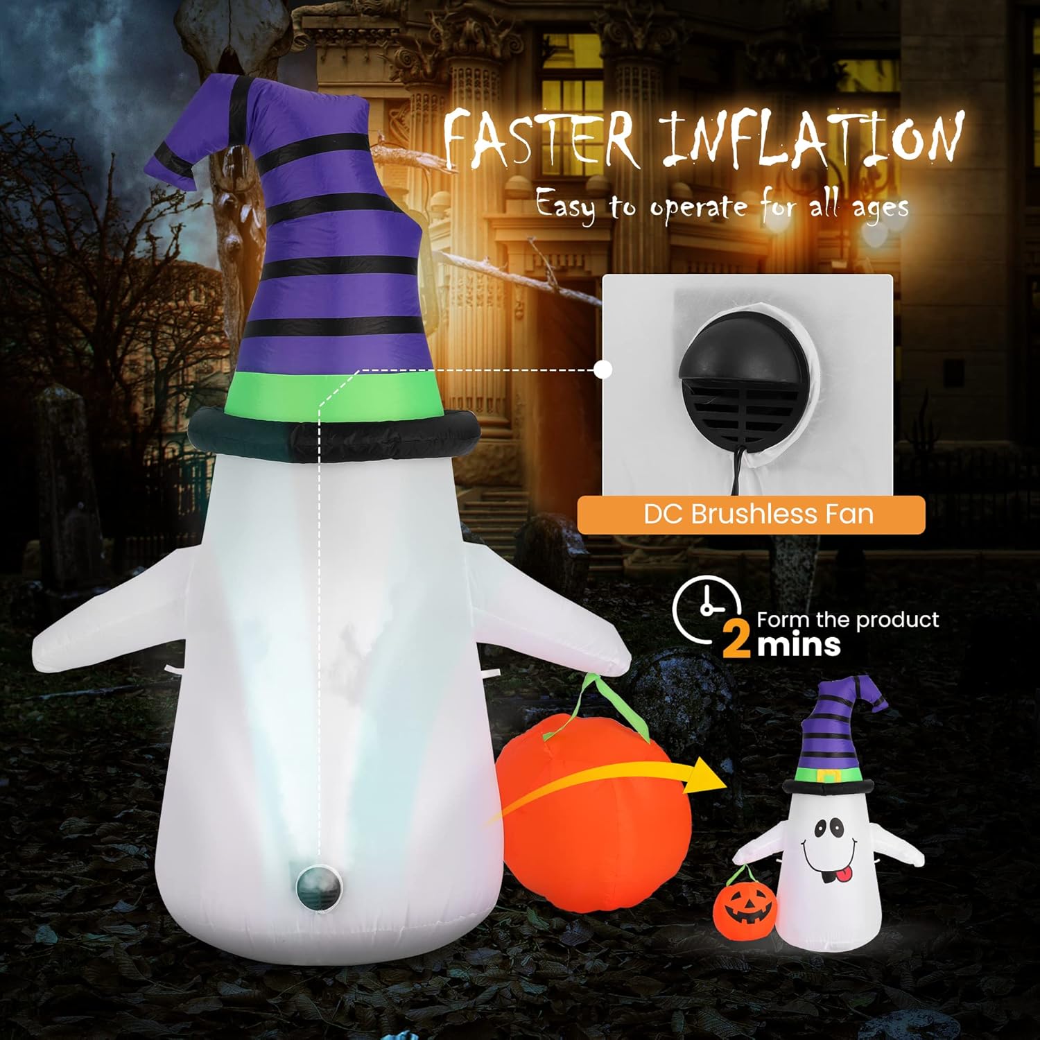 VIVOHOME 5FT Halloween Inflatable Yard Decor, White Ghost with Pumpkin, Outdoor Blow Up with Built-in LED Light for Lawn, Garden, Party