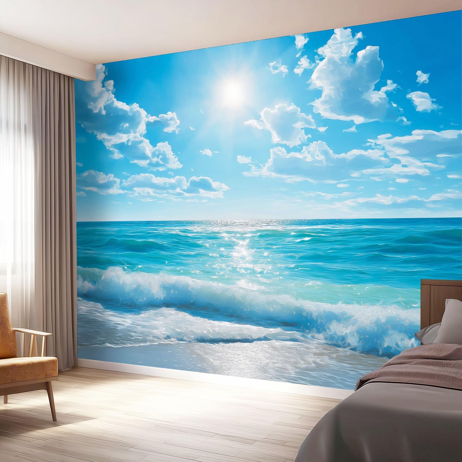 Tapeta z włókniny 350 x 256 cm, naturalne fale, słońce, dekoracja ścienna do dużego pokoju młodzieżowego, niebiesko-biała