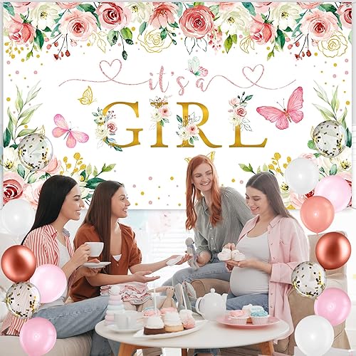 Miniatura 5 de Las decoraciones florales rosas para baby shower incluyen un kit de globos de confeti rosa con texto en inglés "It's a Girl", pancarta de fondo de