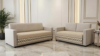 KINGLY Velvet Quilted Sofa Cover Mat Seat & Back, 3+2 Set, Total L115in H32in (3+2), Beige Color, Japanese Tech Anti Skid Backing, 6in Hanging Strap Design, Washable Soft, Anti S, Style KVS-Beige-S32