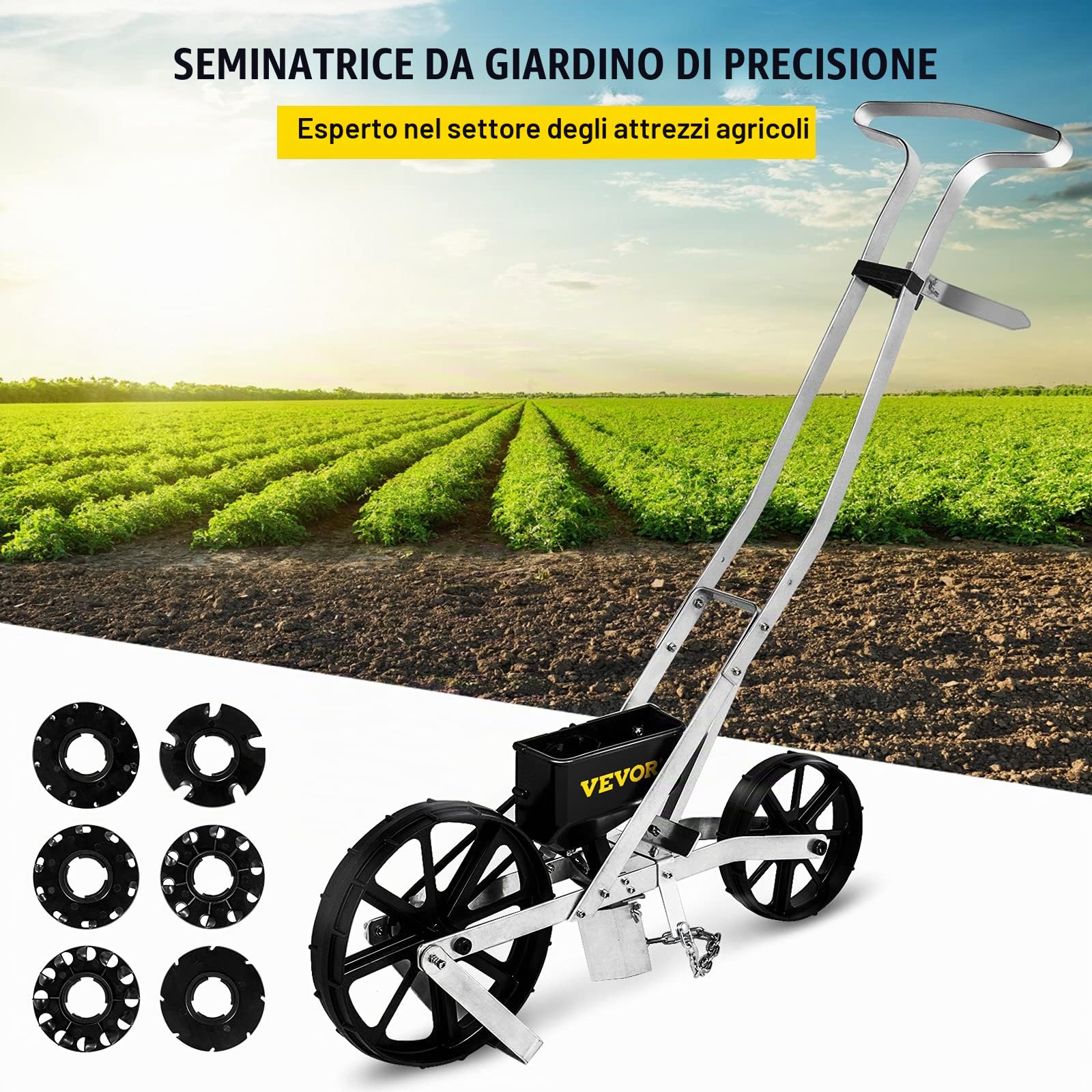 VEVOR Seminatrice a Mano in Alluminio + ABS, 6 Piastre per sementi monofila, 78-84 cm, Regolabile in Altezza, 6 cm, Ruota Anteriore 5 cm, Ruota Posteriore Ideale per Semi Come Mais, porri, Spinaci,
