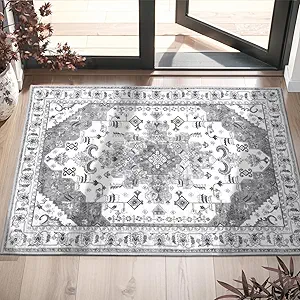 SERISSA Boho Rugs for Entryway, 2x3 Grey Entryway Rug Non-Slip Washable Small Area Rug, Ultra Soft Oriental Vintage Low-Pile Indoor Door Mat Floor Carpet for Entrance Bedroom Kitchen Bathroom