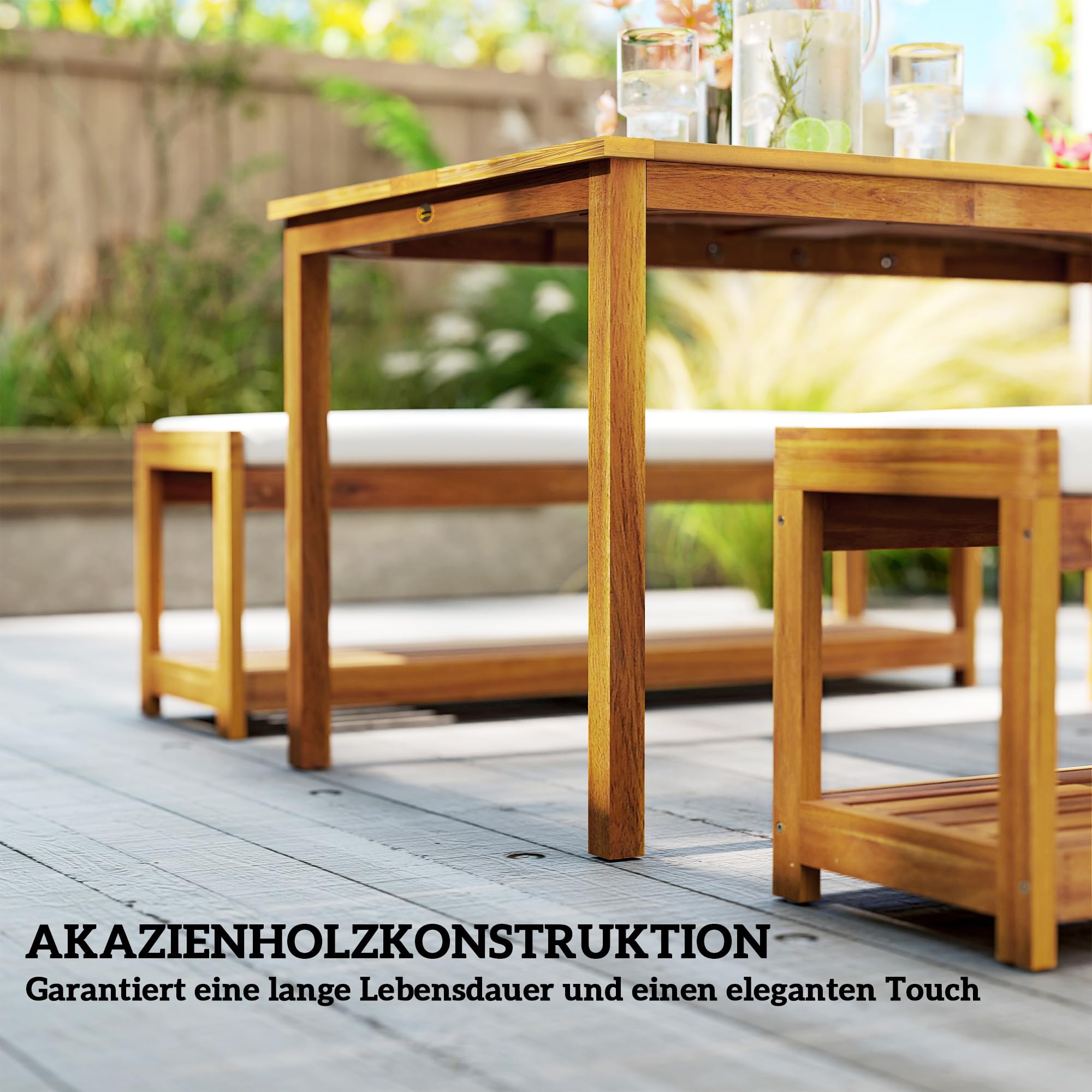 Outsunny 3 TLG. Gartenmöbel-Set Akazienholz Sitzgarnitur inkl. 1 Esstisch mit Schirmloch, 2 Bänke, Balkonmöbel-Set, Gartengarnitur für Balkon, Terrasse, Teak
