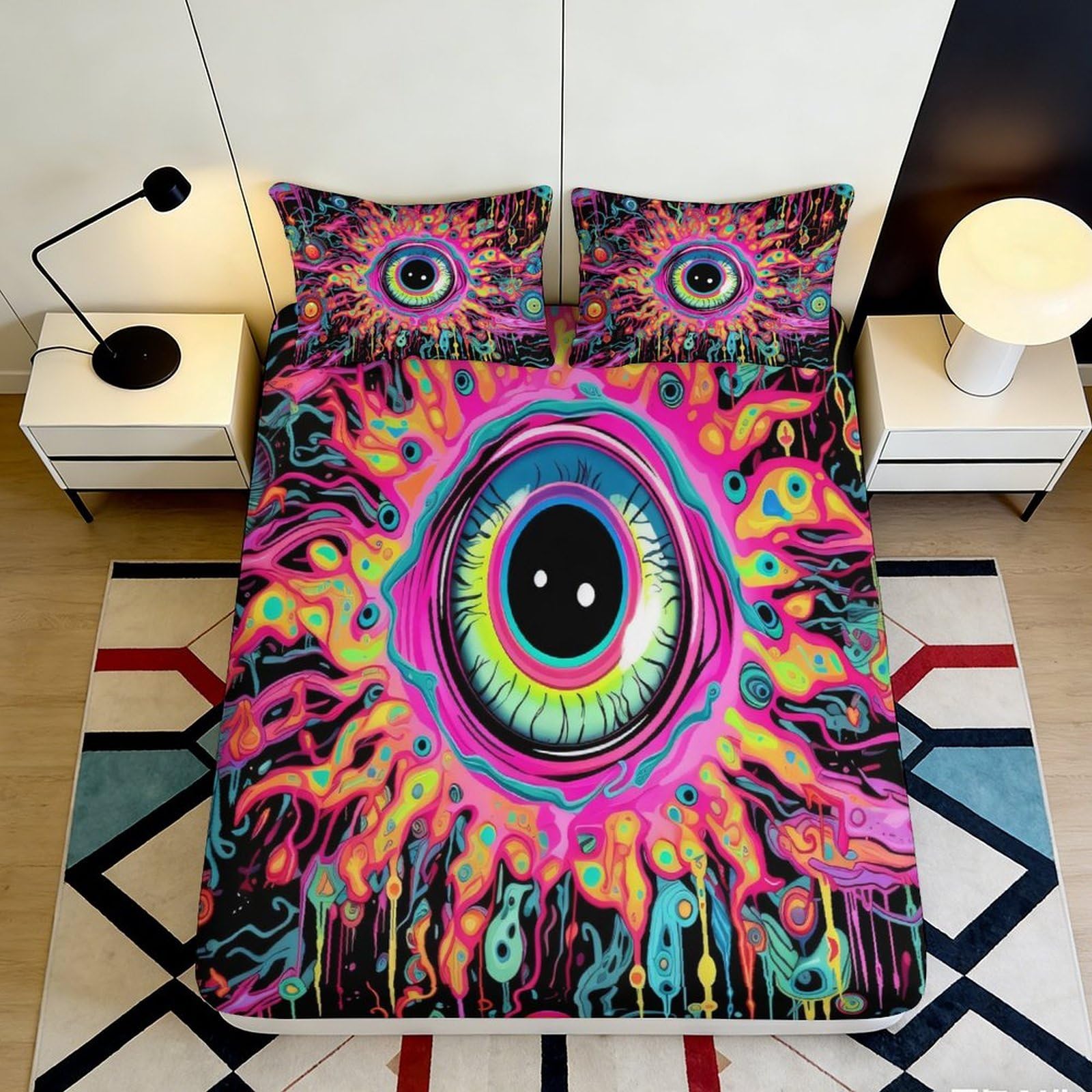 3D Printed Psychedelic Eye Fitted Sheet Microfiber Vibrant Abstract Mattress Cover for Bedroom Dorm Easy Care Decor 90x200x25cm