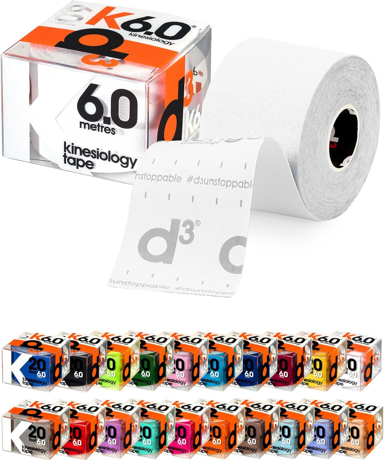 d3 K6.0 Kinesiology Tape 2in x 20ft White – Uncut Roll Latex-Free Hypoallergenic Elastic Sports Physio Tape for Knee, Shoulder, Back & Muscle Support – Athletic Injury Recovery & Blister Prevention