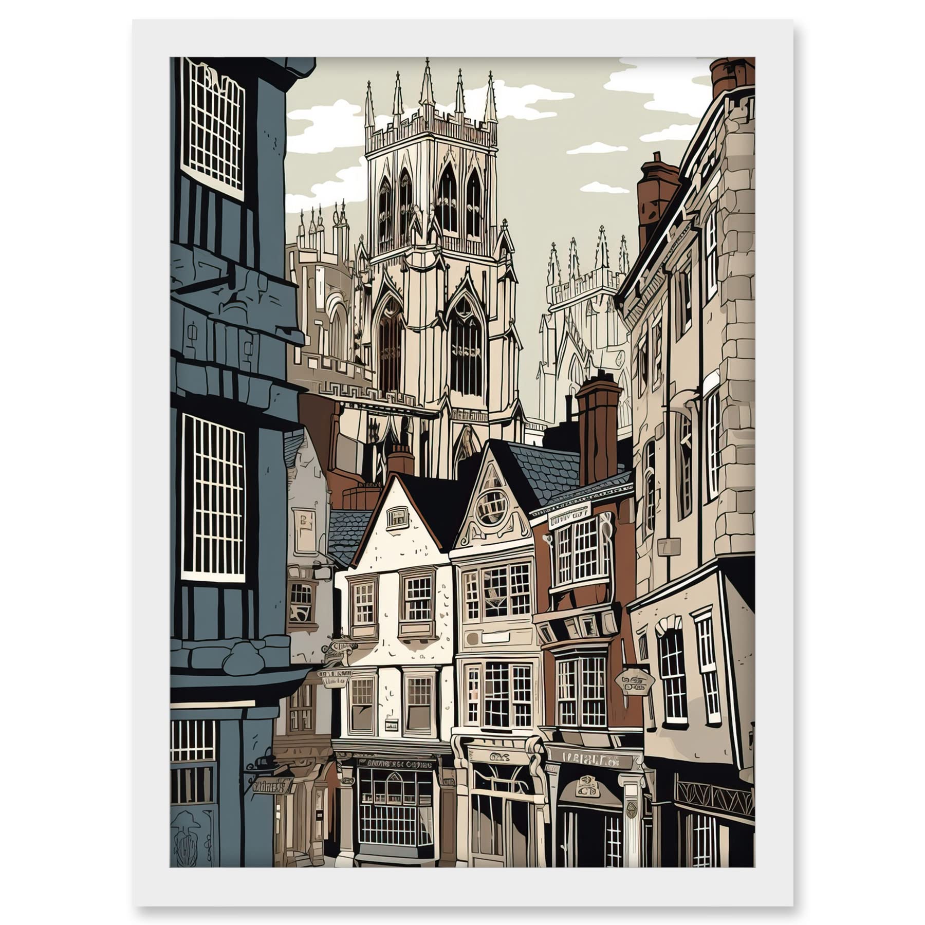 Artery8 Shambles Street Cityscape with York Minster Towers Artwork Framed A3 Wall Art Print