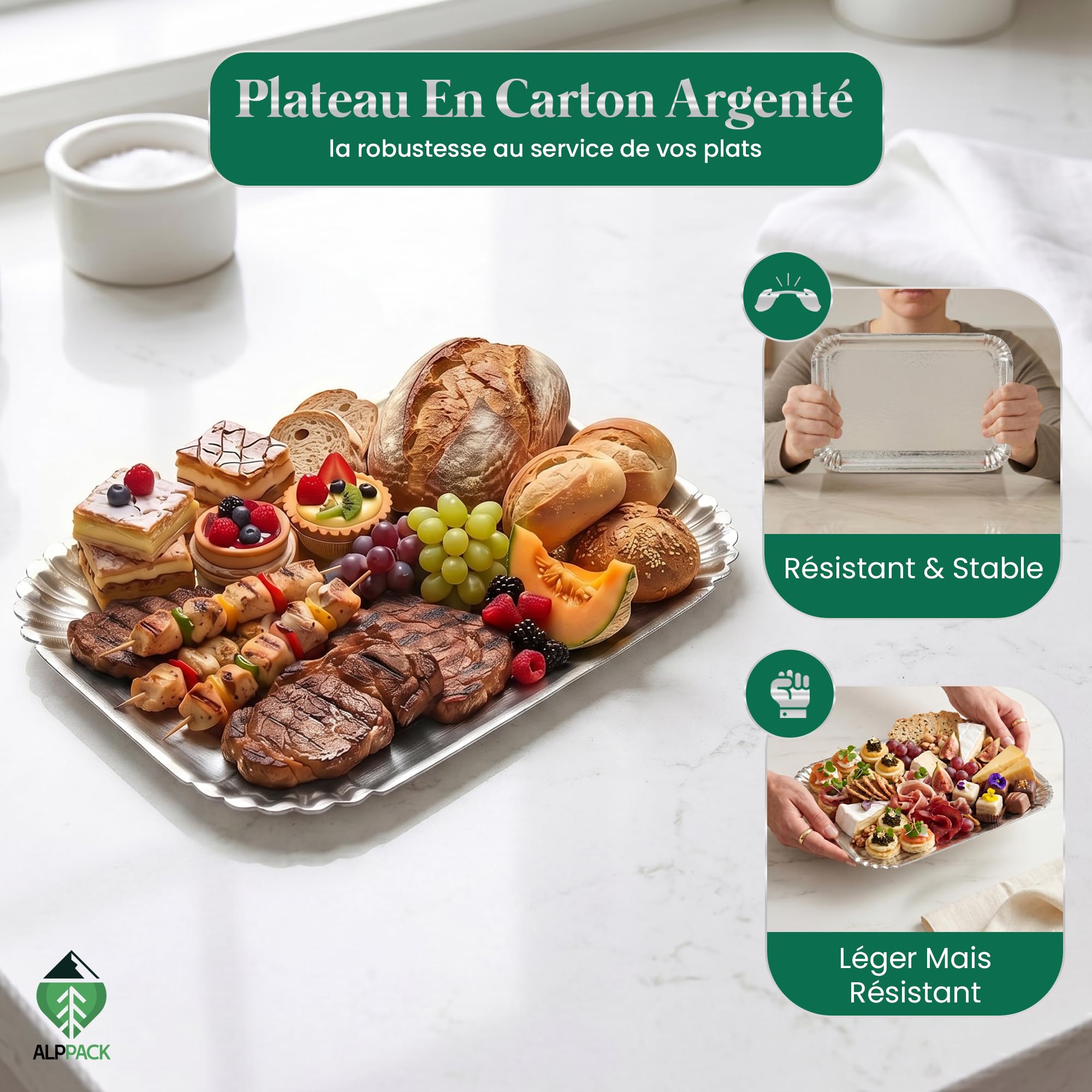 Bandeja de servicio de cartón grueso plateado 28 × 19 cm – Lote de 100 Bandejas desechables profesionales – Expositor Aperitivo Buffet – Bandeja desechable para buffet, boda, recepción y evento