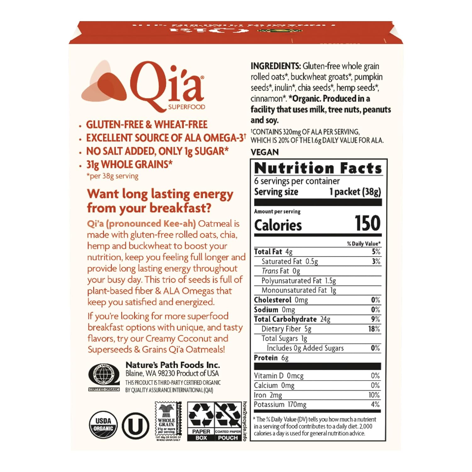 Nature's Path Organic Qi'a Cinnamon Pumpkin Seed Instant Oatmeal, 8 oz (Pack of 6), Gluten Free, Non-GMO